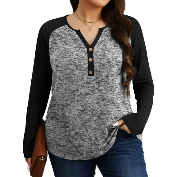 Gleelist Womens Plus Size Long Sleeve Henley Tops V Neck Casual Loose Fit Shirts Blouses Trendy Clothes XL-5XL