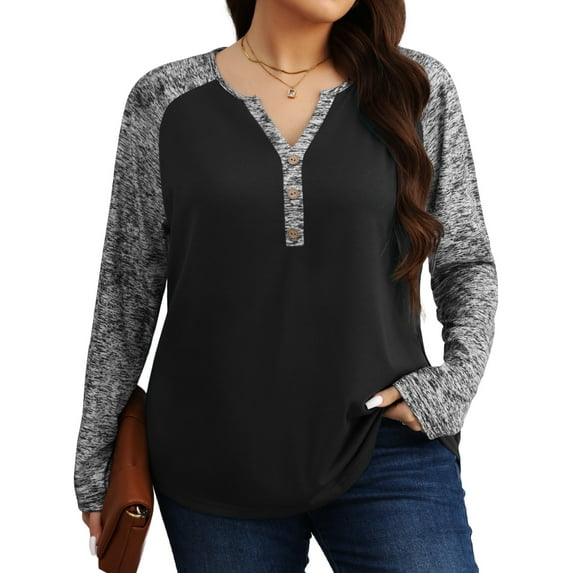 Gleelist Womens Plus Size Long Sleeve Henley Tops V Neck Casual Loose Fit Shirts Blouses Trendy Clothes XL-5XL