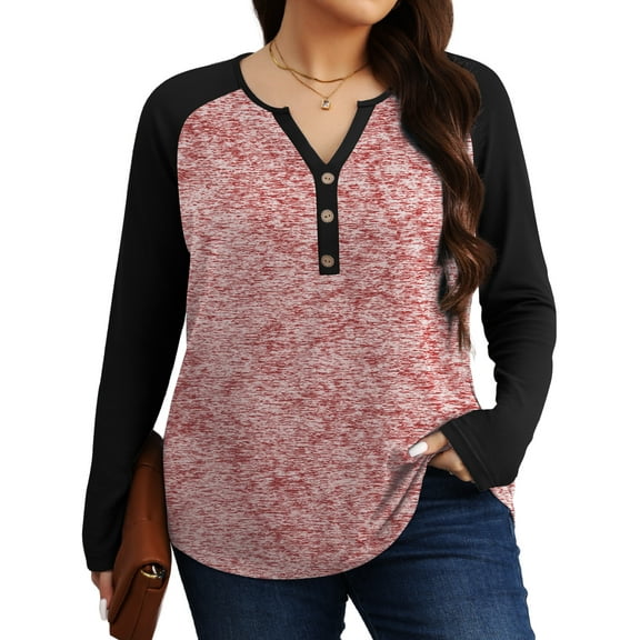 Gleelist Womens Plus Size Long Sleeve Henley Tops V Neck Casual Loose Fit Shirts Blouses Trendy Clothes XL-5XL