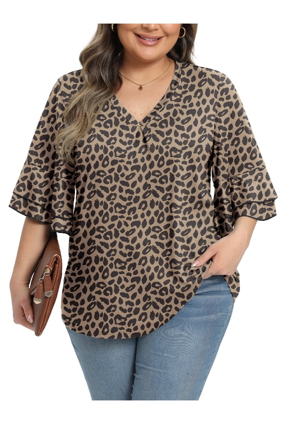 Womens Plus Size Tops 3/4 Ruffle Layered Sleeve V Neck Pleated Tee Shirts Basic Loose Fit Soft Summer Tunic Blouse 1X-5X
