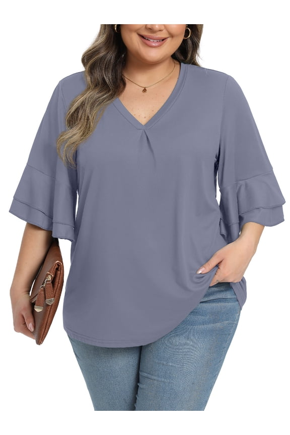 Womens Plus Size Tops 3/4 Ruffle Layered Sleeve V Neck Pleated Tee Shirts Basic Loose Fit Soft Summer Tunic Blouse 1X-5X