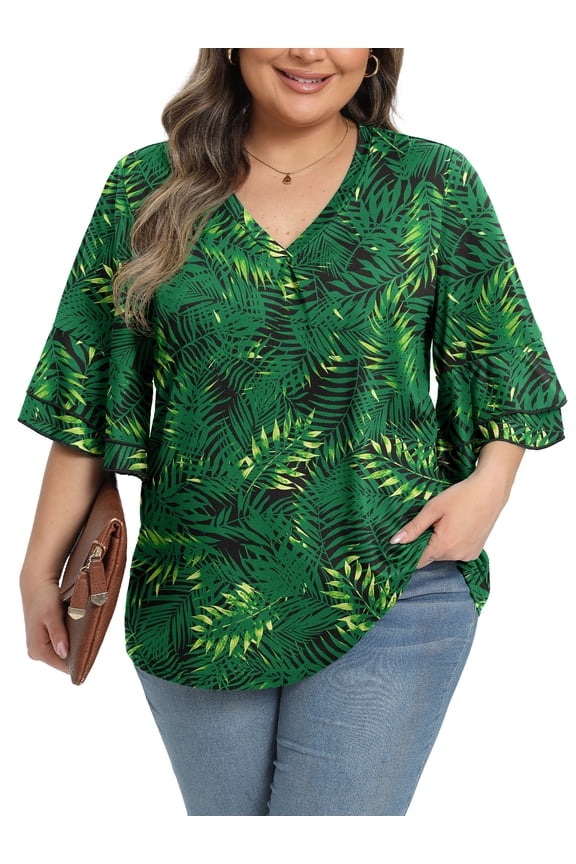 Womens Plus Size Tops 3/4 Ruffle Layered Sleeve V Neck Pleated Tee Shirts Basic Loose Fit Soft Summer Tunic Blouse 1X-5X