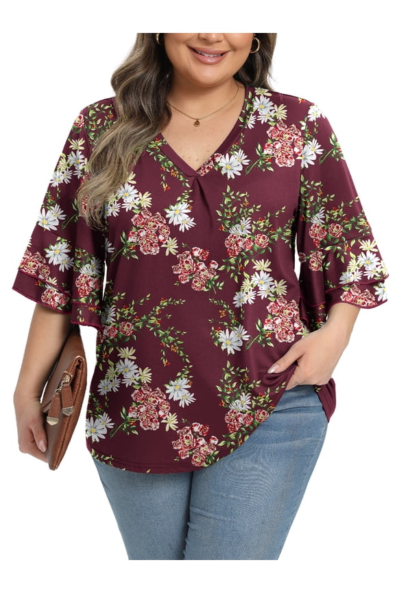 Womens Plus Size Tops 3/4 Ruffle Layered Sleeve V Neck Pleated Tee Shirts Basic Loose Fit Soft Summer Tunic Blouse 1X-5X