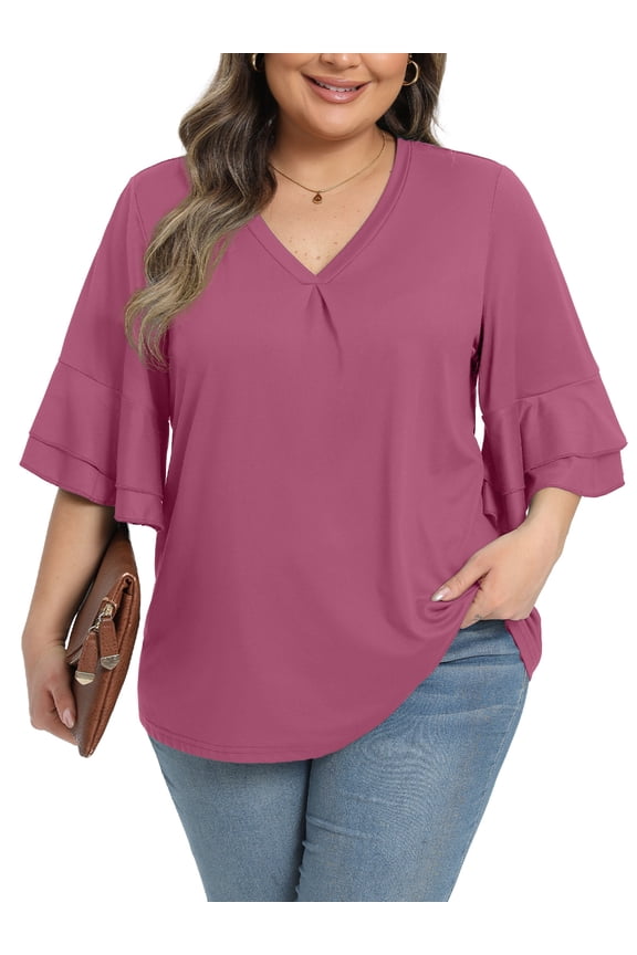 Womens Plus Size Tops 3/4 Ruffle Layered Sleeve V Neck Pleated Tee Shirts Basic Loose Fit Soft Summer Tunic Blouse 1X-5X