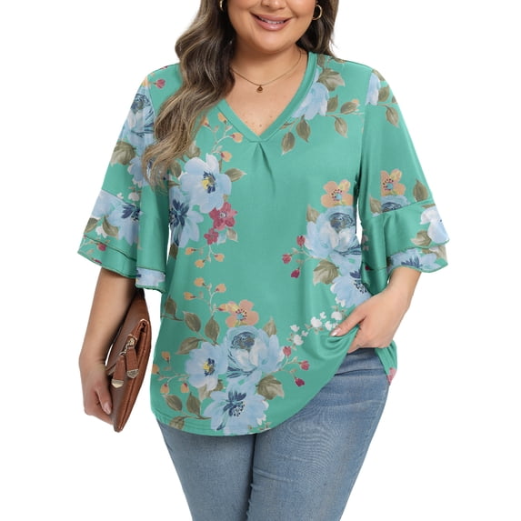 Gleelist Womens Plus Size Tops 3/4 Ruffle Layered Sleeve V Neck Pleated Tee Shirts Basic Loose Fit Soft Summer Tunic Blouse 1X-5X