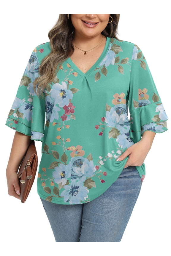 Womens Plus Size Tops 3/4 Ruffle Layered Sleeve V Neck Pleated Tee Shirts Basic Loose Fit Soft Summer Tunic Blouse 1X-5X