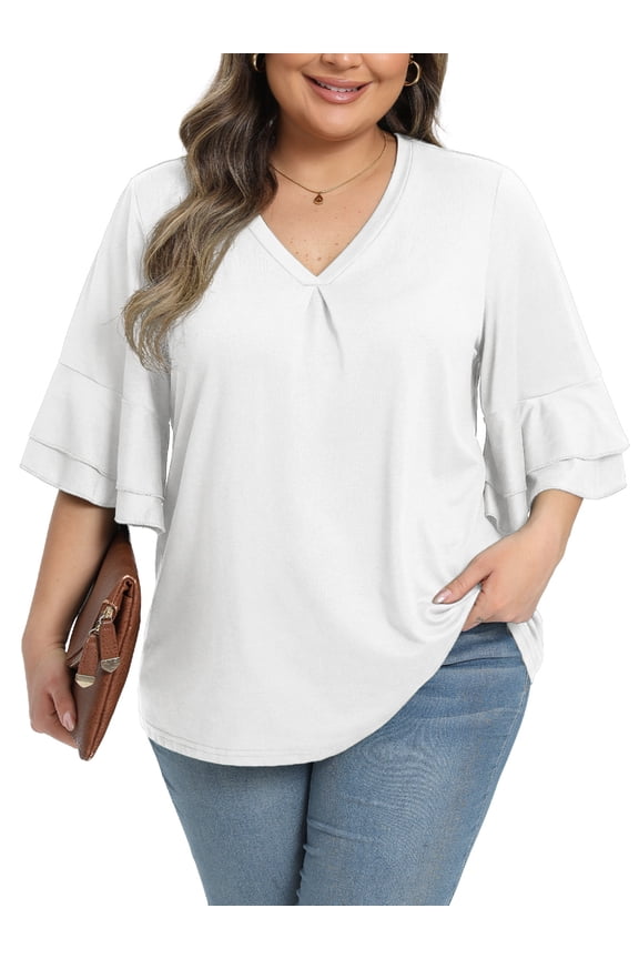 Womens Plus Size Tops 3/4 Ruffle Layered Sleeve V Neck Pleated Tee Shirts Basic Loose Fit Soft Summer Tunic Blouse 1X-5X