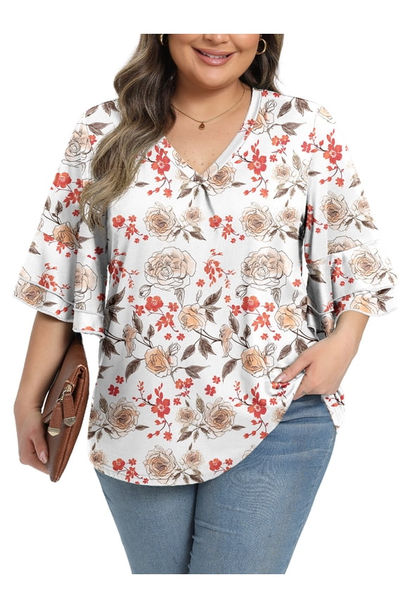 Womens Plus Size Tops 3/4 Ruffle Layered Sleeve V Neck Pleated Tee Shirts Basic Loose Fit Soft Summer Tunic Blouse 1X-5X