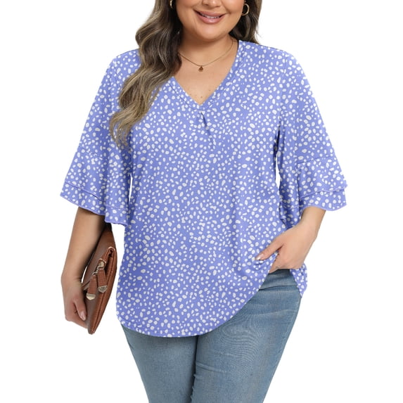 Gleelist Womens Plus Size Tops 3/4 Ruffle Layered Sleeve V Neck Pleated Tee Shirts Basic Loose Fit Soft Summer Tunic Blouse 1X-5X