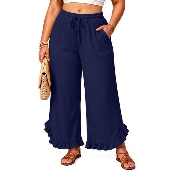 Gleelist Women's Plus Size Wide Leg Pants Casual Palazzo Pants Stretchy High Waisted Trousers with Pockets Drawstring Ruffle Hem (1X-5X)