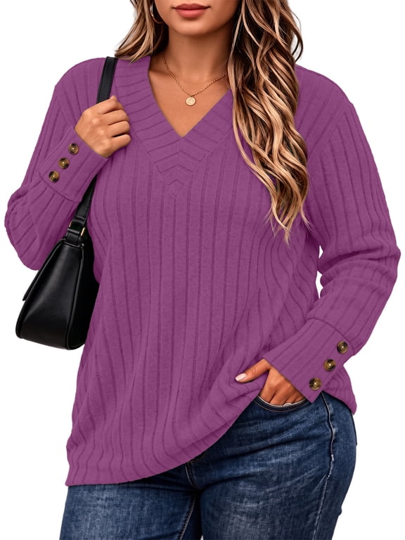 Women's Plus Size Tops V Neck Long Sleeve Knit Tops for Women Fall Blouses Sweaters Decorative Button Cuff XL-5XL