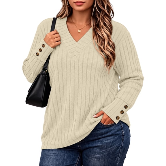 Gleelist Women's Plus Size Tops V Neck Long Sleeve Knit Tops for Women Fall Blouses Sweaters Decorative Button Cuff XL-5XL