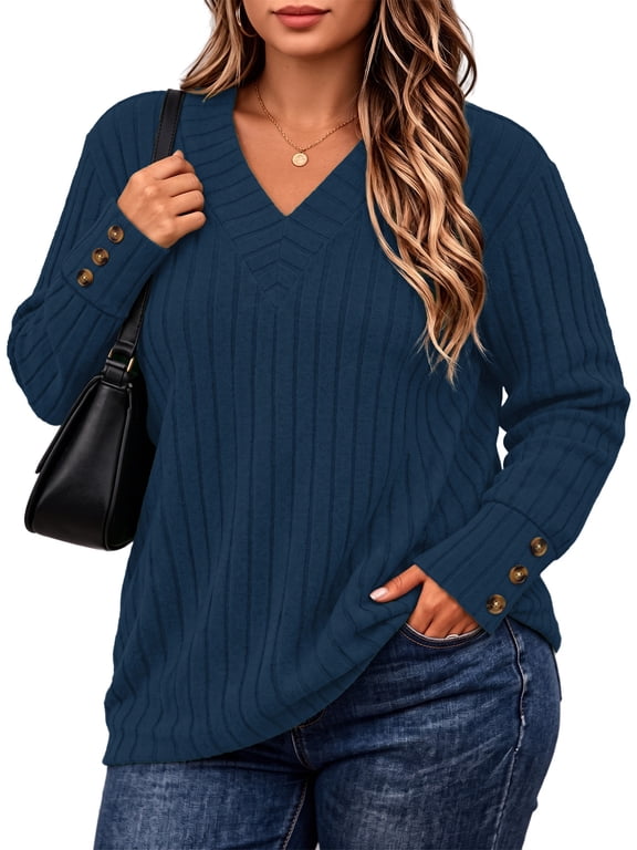Women's Plus Size Tops V Neck Long Sleeve Knit Tops for Women Fall Blouses Sweaters Decorative Button Cuff XL-5XL