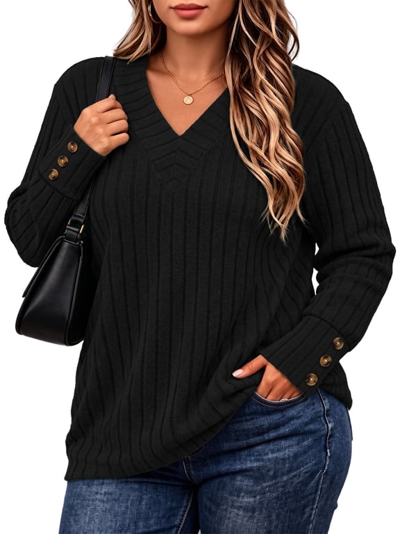 Women's Plus Size Tops V Neck Long Sleeve Knit Tops for Women Fall Blouses Sweaters Decorative Button Cuff XL-5XL