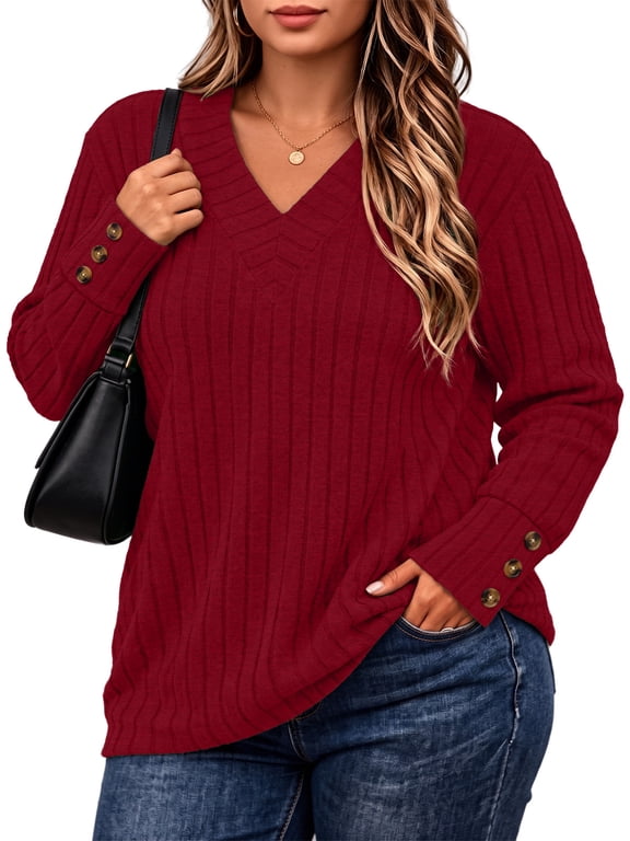 Women's Plus Size Tops V Neck Long Sleeve Knit Tops for Women Fall Blouses Sweaters Decorative Button Cuff XL-5XL