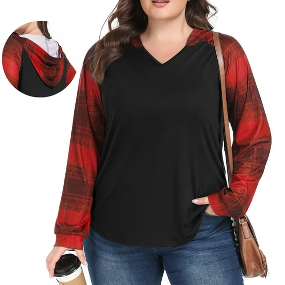 Gleelist Plus Size Women’s V Neck Long Sleeve Hooded Grid Shirt Casual Vacation Blouses Fashion Plus Top(1X-5X)