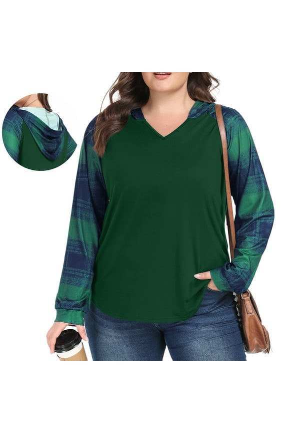 Plus Size Women’s V Neck Long Sleeve Hooded Grid Shirt Casual Vacation Blouses Fashion Plus Top(1X-5X)