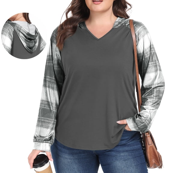Gleelist Plus Size Women’s V Neck Long Sleeve Hooded Grid Shirt Casual Vacation Blouses Fashion Plus Top(1X-5X)