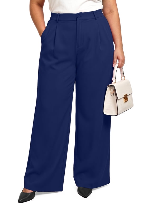Women's Plus Size Dress Pants High Waist Wide Leg Work Pants Flowy Business Casual Palazzo Slacks Trousers with Pockets(XL-5XL)