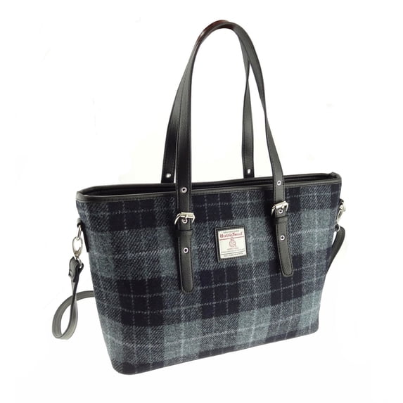 Glen Appin of Scotland Harris Tweed Tote Bag for Womens Large Spey Handbag in Grey/Black Tartan
