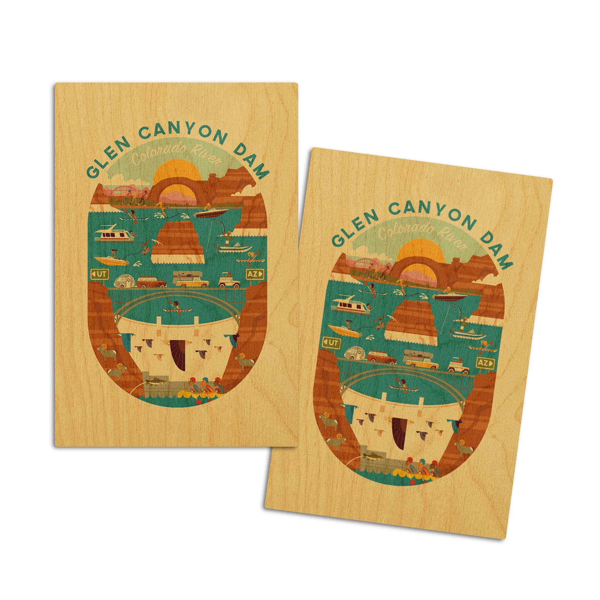 Glen Canyon Dam, Colorado River, Geometric, Contour (4x6 Birch Wood Postcards, 2Pack Stationary