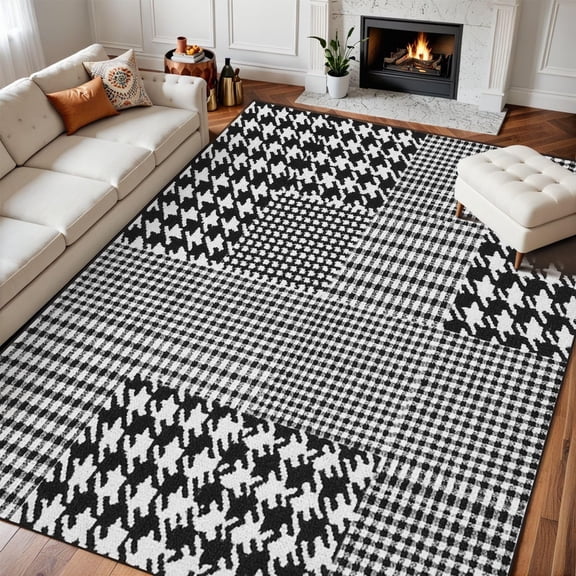 Glen Check Plaid Area Rug, Houndstooth Pattern Carpet, Washable Non Slip Low Pile Soft Thin, Living Room Bedroom Dining Room Home Decor Mat 2x3ft