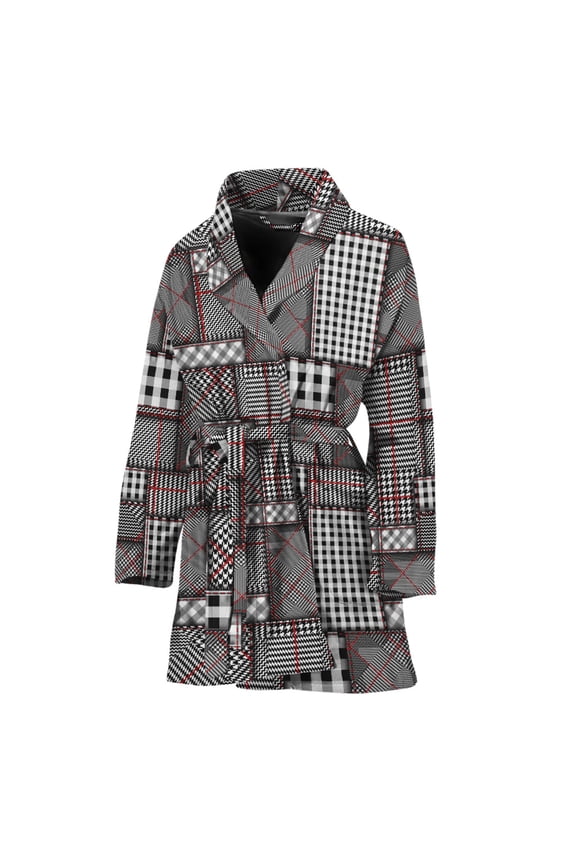 Glen Plaid Patchwork Pattern Women Bathrobe One Size Univeral Fits, Checkered Caro Plaid Tartan Fashion Lightweight Plush Fleece Long Robe For Women