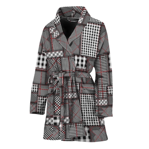 Glen Plaid Patchwork Pattern Women Bathrobe One Size Univeral Fits, Checkered Caro Plaid Tartan Fashion Lightweight Plush Fleece Long Robe For Women