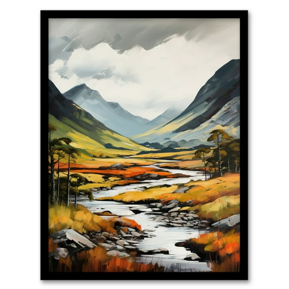 Glencoe Valley Oil Painting Scotland Majestic Mountain Range And River Coe Art Print Framed Poster Wall Decor 12x16 inch