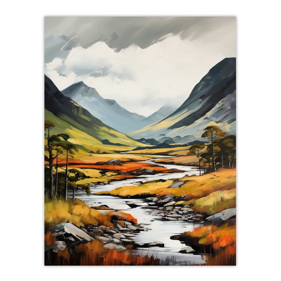 Glencoe Valley Oil Painting Scotland Majestic Mountain Range And River Coe Large Wall Art Poster Print Thick Paper 18X24 Inch