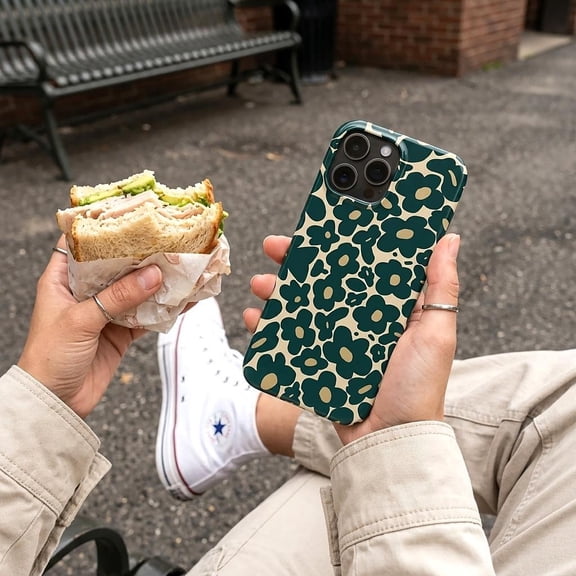Glend Case Floral Tough Case for iPhone, Dual-Layer Green Flower Phone Cover