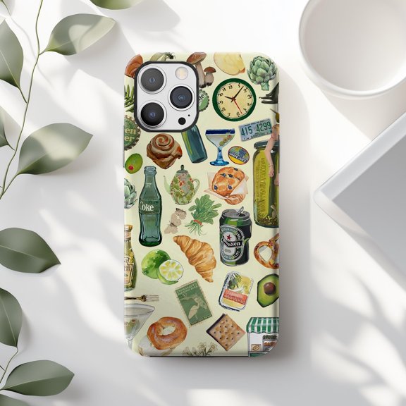 Glend Case Retro Food Collage Tough iPhone Case – Green Kitchen Art, Dual-Layer Protection