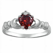 TRUSTMARK JEWELERS Glenda: 0.765ct Heart cut Simulated Red Fire Garnet Ice CZ Claddagh Ring Sterling Silver sz 10.0