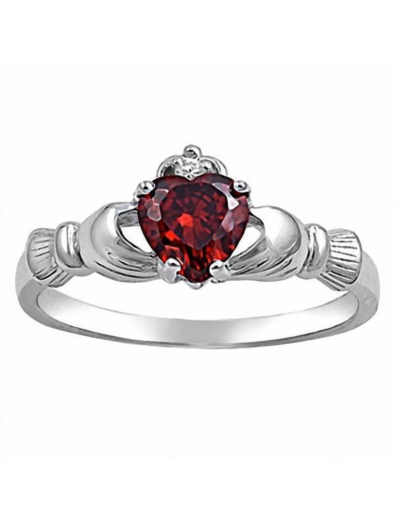 Glenda: 0.765ct Heart cut Simulated Red Fire Garnet Ice CZ Claddagh Ring Sterling Silver sz 10.5