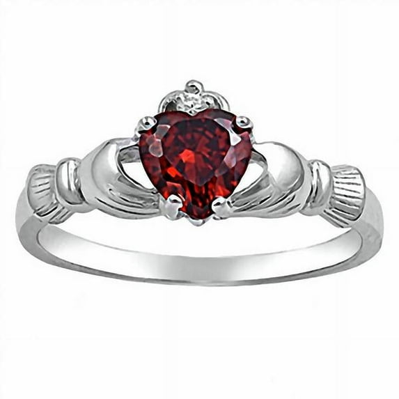 Glenda: 0.765ct Heart cut Simulated Red Fire Garnet Ice CZ Claddagh Ring Sterling Silver sz 5.0