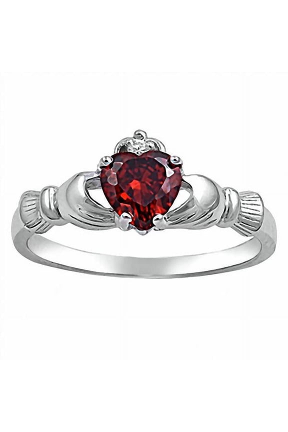 Glenda: 0.765ct Heart cut Simulated Red Fire Garnet Ice CZ Claddagh Ring Sterling Silver sz 9.5