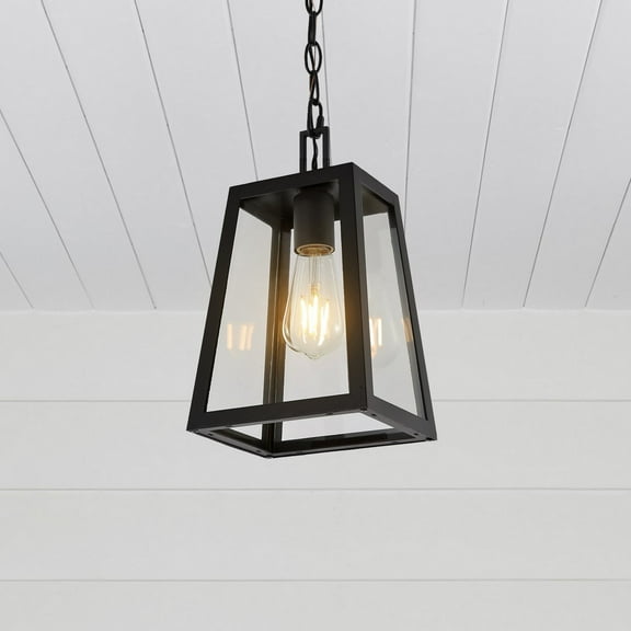 JONATHAN Y Glendale 6.75" 1-Light Farmhouse Industrial Iron/Glass Outdoor LED Pendant, Black/Clear