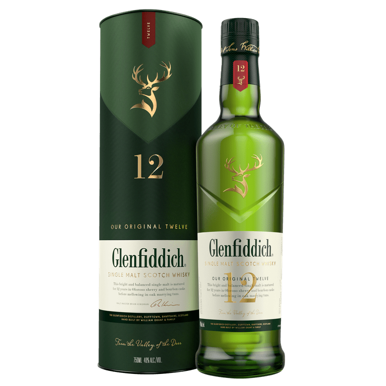 Glenfiddich 12 year Single Malt Scotch Whisky, 750ml Glass Bottle