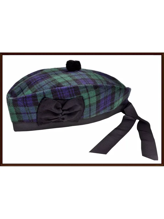Glengarry Scottish Piper Kilt Hat, Wool Black Watch Tartan, Traditional Highland Dress Cap for Bagpipers & Formal Wear