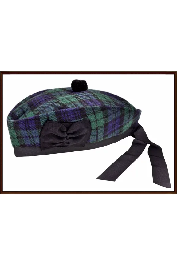 Glengarry Scottish Piper Kilt Hat, Wool Black Watch Tartan, Traditional Highland Dress Cap for Bagpipers & Formal Wear