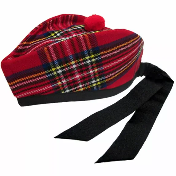 Glengarry Scottish Piper Kilt Hat, Wool Royal Stewart Tartan, Traditional Highland Dress Cap for Bagpipers & Formal Wear