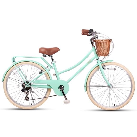Glengo Loretta 24 Inch Girl Cruiser Kids Bike Shimano 6-Speed Teen Hybrid City Bicycle with Rack for Youth Ages 7-14 Years Old with Wicker Basket & Rack, Mint Green
