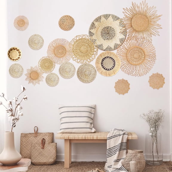 Glenmal 18 Pcs Boho Basket Wall Decals Round Wall Sticker Modern Decor Peel and Stick Decor Sticker Removable Boho Stickers Rustic Art for Bedroom Office, Stickers Only(Stylish Style)