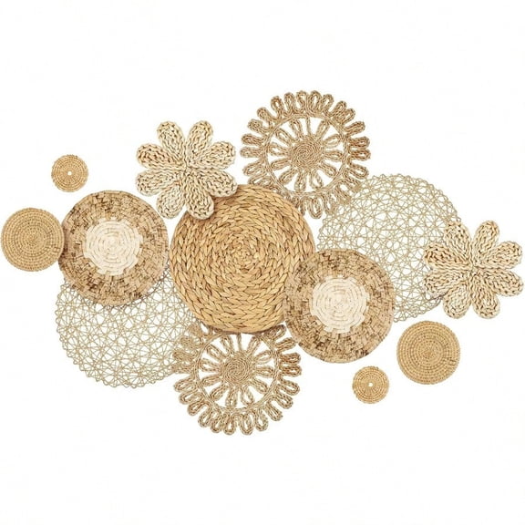 Glenmal Set Of 13 Boho Wall Basket Decor Woven Rattan Flat Baskets Handmade Boho Wicker Bamboo Seagrass Wall Hanging Decor For Bedroom Living Room Dining Room Office Ready To Hang Plain