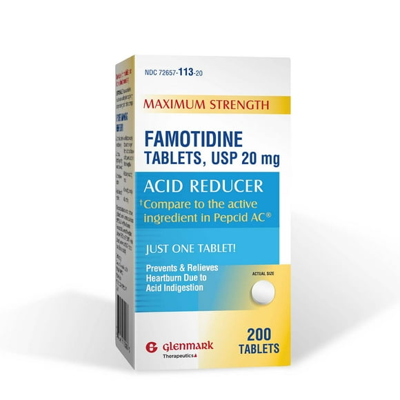Glenmark Maximum Strength Famotidine Tablets 20 mg, Acid Reducer for Heartburn Relief, 200 Ct.