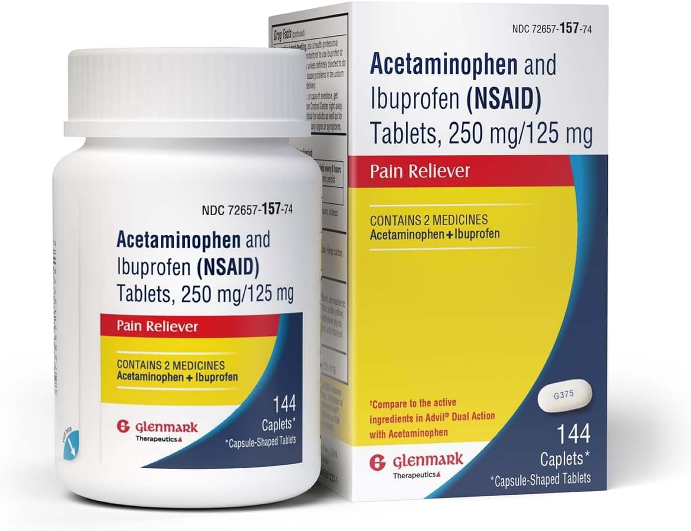 Glenmark Therapeutics Dual Action Acetaminophen 250mg and Ibuprofen 125mg Caplets, Up to 8h of Pain Relief for Minor Aches and Pain, Headaches, Toothache, Backache, Minor Arthritis Pain, 144 Count