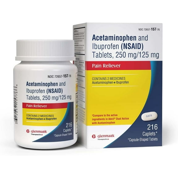 Glenmark Therapeutics Dual Action Acetaminophen 250mg and Ibuprofen 125mg Caplets, Up to 8h of Pain Relief for Minor Aches and Pain, Headaches, Toothache, Backache, Minor Arthritis Pain, 216 Count