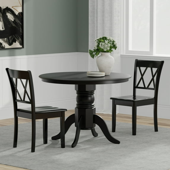 3-PC - 42" Round Pedestal Dining Table + Double X-Back Dining Chairs Dining Set in Black