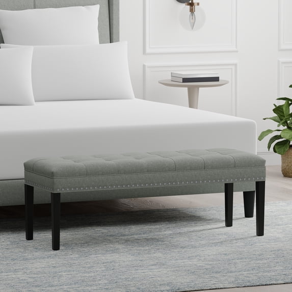 46.5" Upholstered Bench with Nailhead Trim and Wood Legs in Stone (Light Gray)