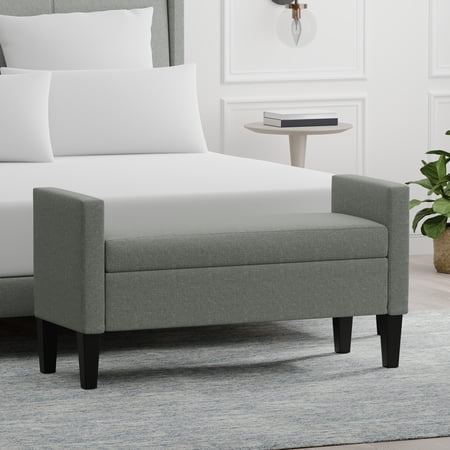 46" Upholstered Storage Bench with Track Arms and Wood Legs in Stone (Light Gray)